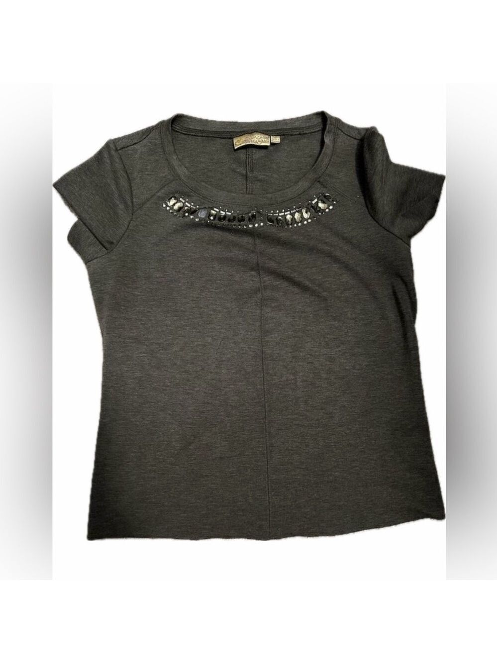 Vera Wang Women's XL Gray Blouse Gemstone Accented Neckline Short Sleeve NWOT
